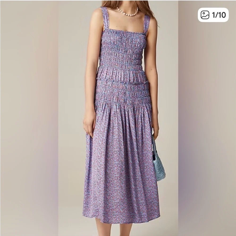 J Crew Floral Smocked Midi Dress Summer Fields Print Boho Resortwear Coquette M